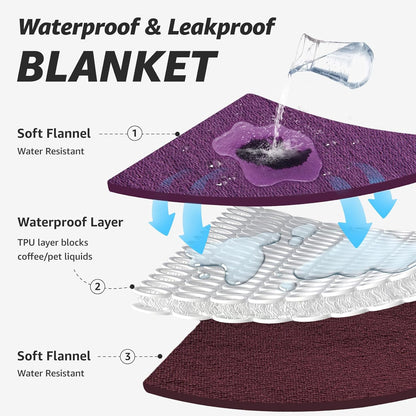LOOBANI Waterproof Blanket for Bed: Reversible Soft Flannel Twin Bed Blanket 60" x 80", Leakproof Throw Spill-Proof Dog Pet Blanket for Couch, Sofa Protect, Movie Time, Camping, Travel, Purple