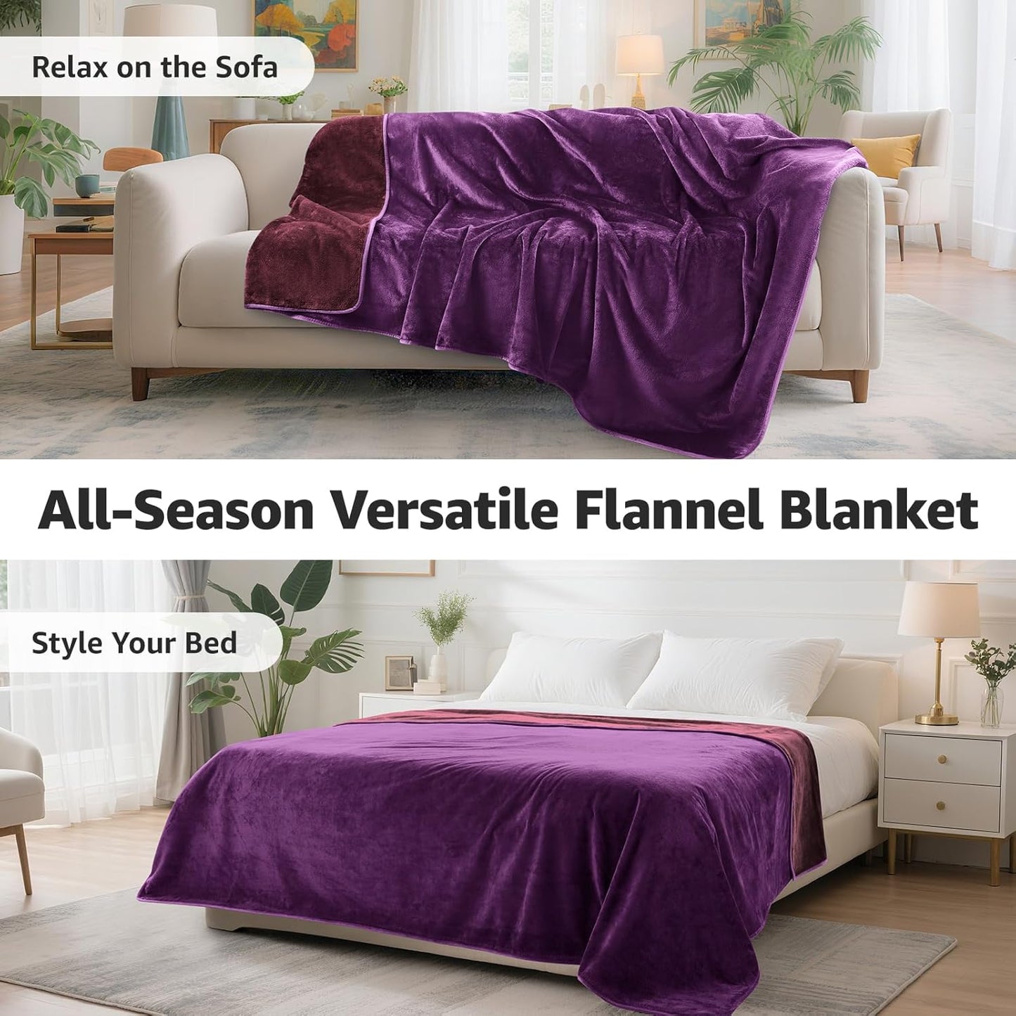 LOOBANI Waterproof Blanket for Bed: Reversible Soft Flannel Twin Bed Blanket 60" x 80", Leakproof Throw Spill-Proof Dog Pet Blanket for Couch, Sofa Protect, Movie Time, Camping, Travel, Purple
