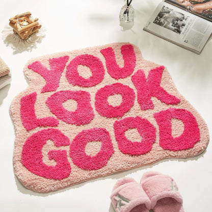 You Look Good Bath Mat Pink, Cute Bathroom Rugs for Girls Fun Funny Funky Rug Bedroom Pink Preppy Bathroom Decor Hello Beautiful Gorgeous Bath Rugs for Kids Women Non-Slip, 25" x 21"