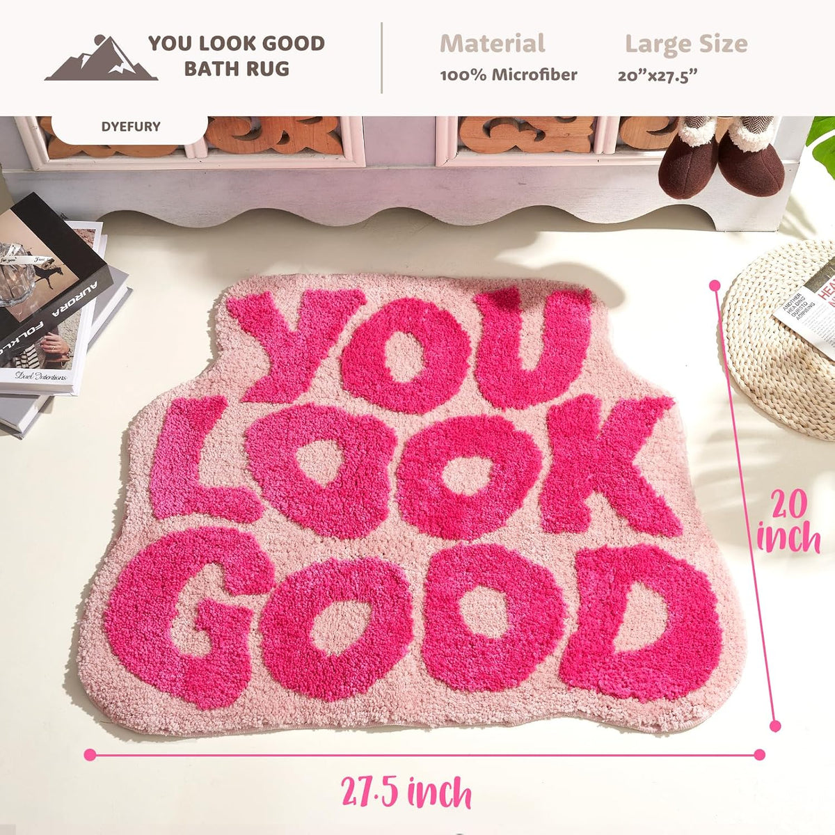 You Look Good Bath Mat Pink, Cute Bathroom Rugs for Girls Fun Funny Funky Rug Bedroom Pink Preppy Bathroom Decor Hello Beautiful Gorgeous Bath Rugs for Kids Women Non-Slip, 25" x 21"
