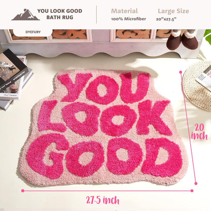 You Look Good Bath Mat Pink, Cute Bathroom Rugs for Girls Fun Funny Funky Rug Bedroom Pink Preppy Bathroom Decor Hello Beautiful Gorgeous Bath Rugs for Kids Women Non-Slip, 25" x 21"