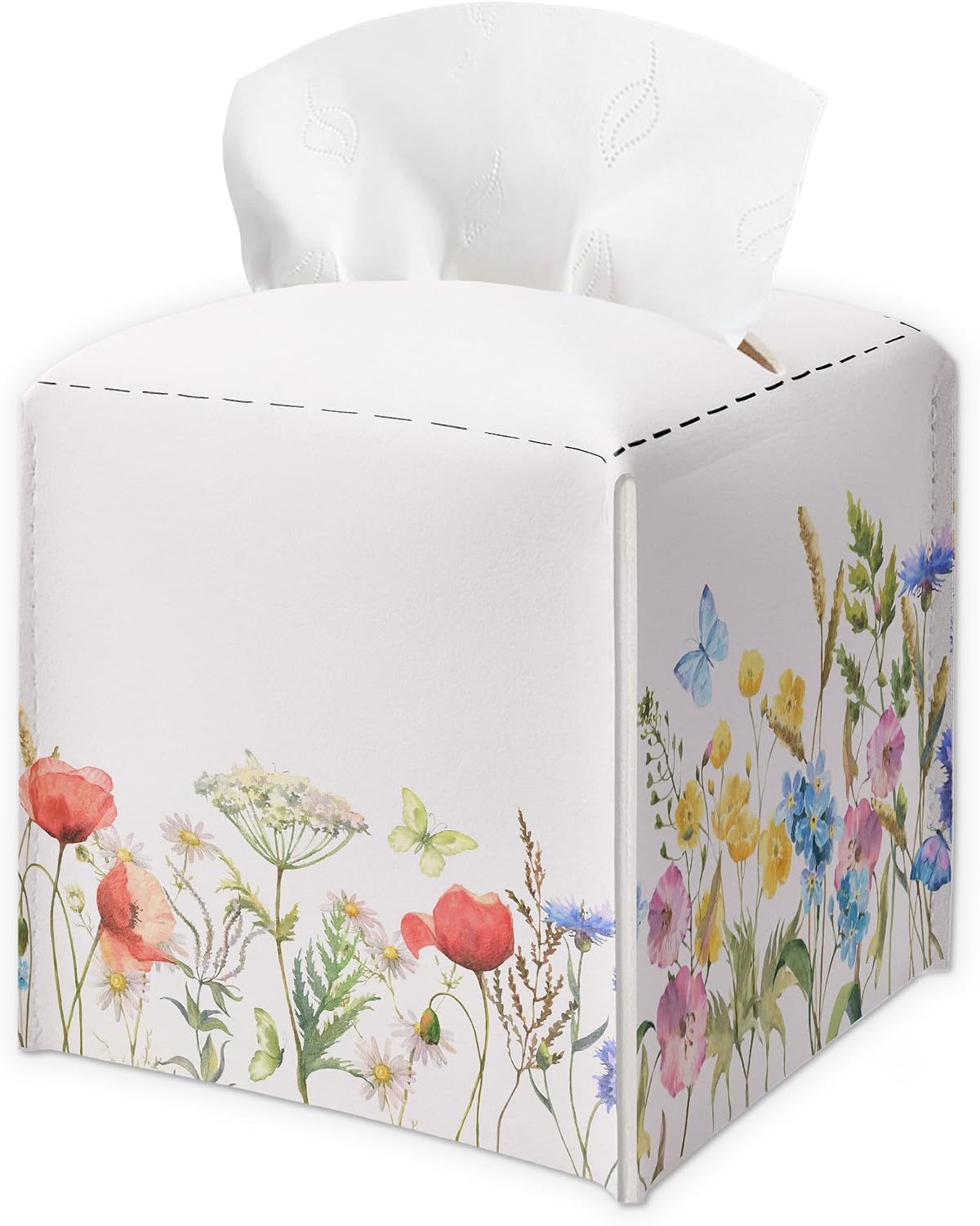 Spring Pink Flowers & Butterfly PU Leather Tissue Box Cover - Seasonal Decorative Tissue Holder - Waterproof Dispenser Box - Facial Paper Organizer Home Decor for Living Room, Bathroom, Office - A04