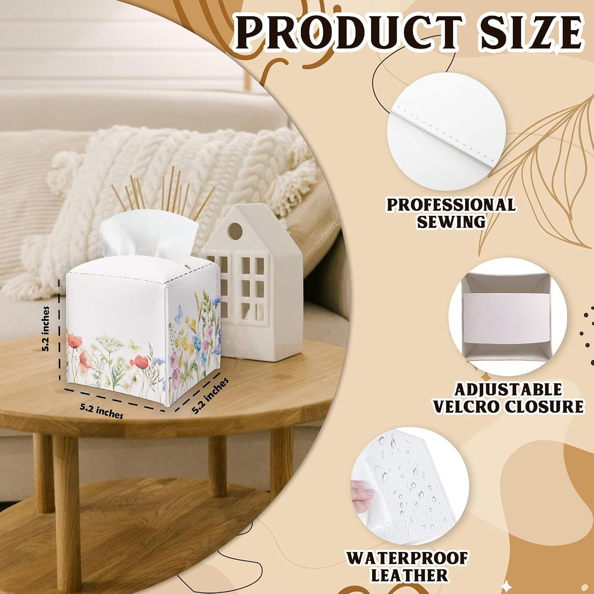 Spring Pink Flowers & Butterfly PU Leather Tissue Box Cover - Seasonal Decorative Tissue Holder - Waterproof Dispenser Box - Facial Paper Organizer Home Decor for Living Room, Bathroom, Office - A04