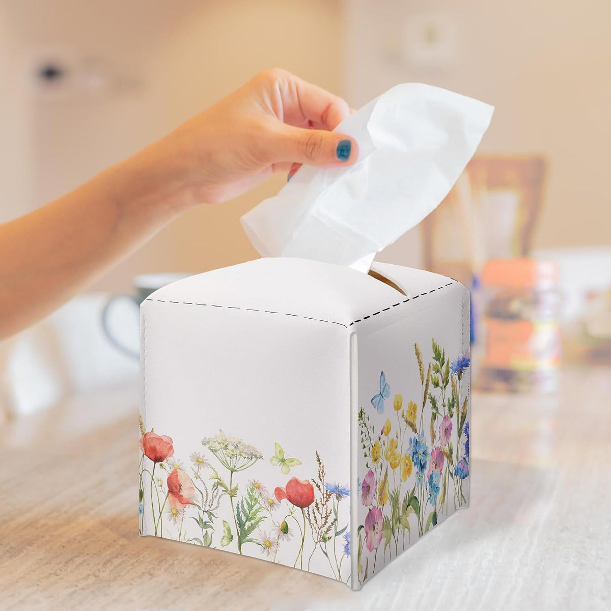 Spring Pink Flowers & Butterfly PU Leather Tissue Box Cover - Seasonal Decorative Tissue Holder - Waterproof Dispenser Box - Facial Paper Organizer Home Decor for Living Room, Bathroom, Office - A04