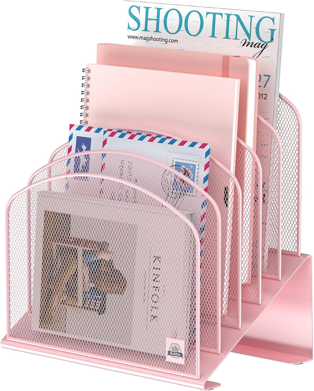 Inclined Desk File Organizer,Vertical File Folder Holder Stand Metal Rack File Sorter for Office Classroom Desktop Organization (1, Pink, 5)
