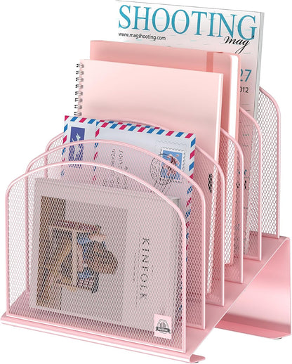 Inclined Desk File Organizer,Vertical File Folder Holder Stand Metal Rack File Sorter for Office Classroom Desktop Organization (1, Pink, 5)