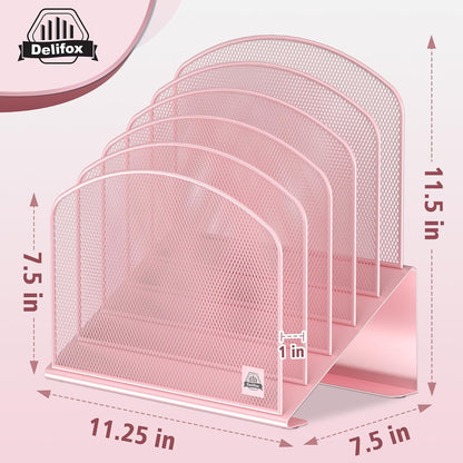 Inclined Desk File Organizer,Vertical File Folder Holder Stand Metal Rack File Sorter for Office Classroom Desktop Organization (1, Pink, 5)