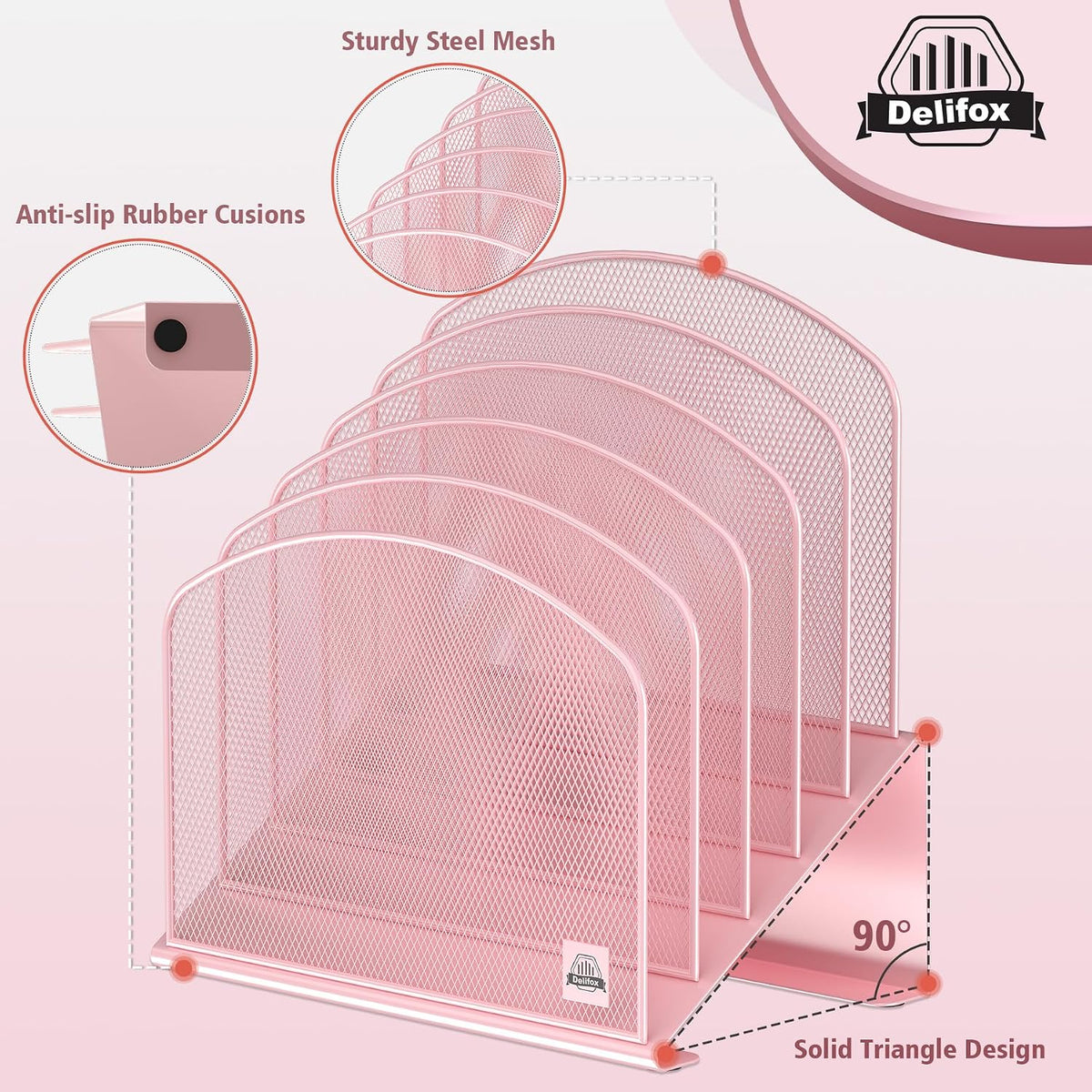 Inclined Desk File Organizer,Vertical File Folder Holder Stand Metal Rack File Sorter for Office Classroom Desktop Organization (1, Pink, 5)