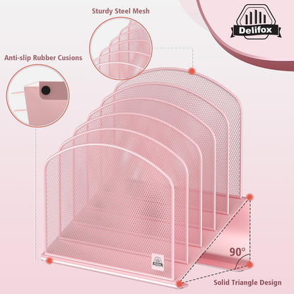 Inclined Desk File Organizer,Vertical File Folder Holder Stand Metal Rack File Sorter for Office Classroom Desktop Organization (1, Pink, 5)