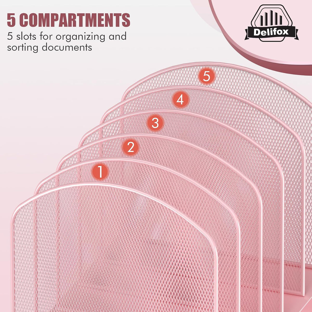 Inclined Desk File Organizer,Vertical File Folder Holder Stand Metal Rack File Sorter for Office Classroom Desktop Organization (1, Pink, 5)