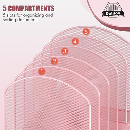 Inclined Desk File Organizer,Vertical File Folder Holder Stand Metal Rack File Sorter for Office Classroom Desktop Organization (1, Pink, 5)