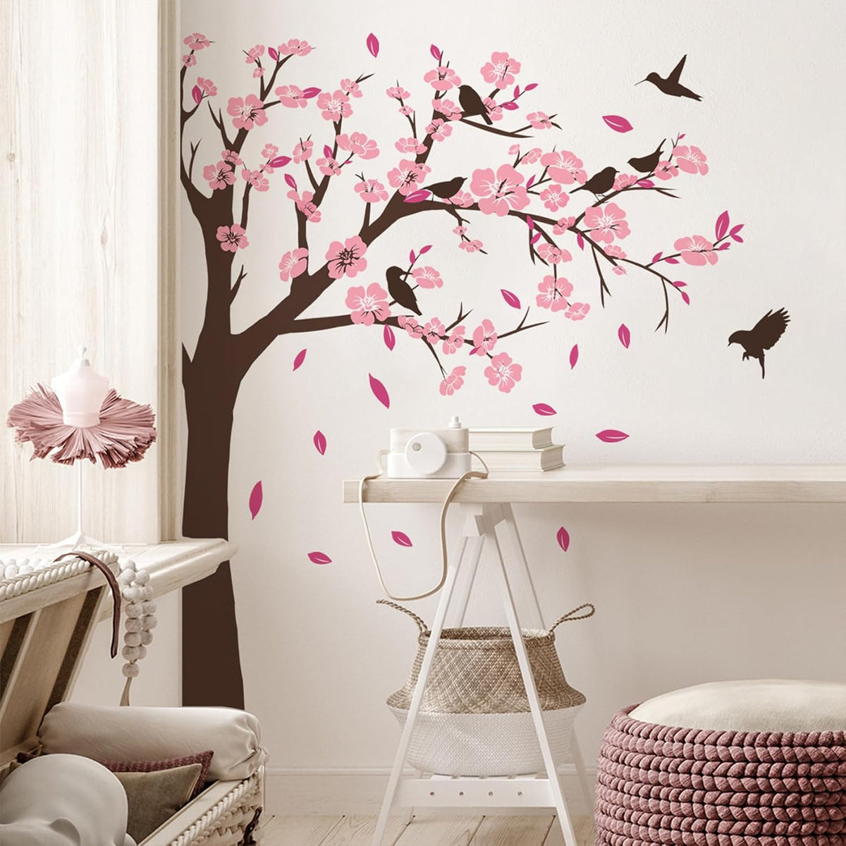 Pink Flower Tree Wall Stickers, Removable DIY Romantic Peach Blossom Tree Wall Murals Peel and Stick 3D Wall Art Stickers Murals Home Decor for Gilrs Bedroom Nursery Rooms Living Room