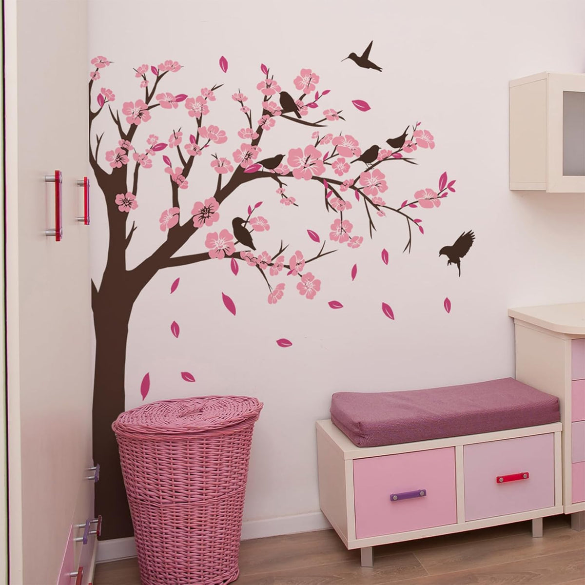 Pink Flower Tree Wall Stickers, Removable DIY Romantic Peach Blossom Tree Wall Murals Peel and Stick 3D Wall Art Stickers Murals Home Decor for Gilrs Bedroom Nursery Rooms Living Room