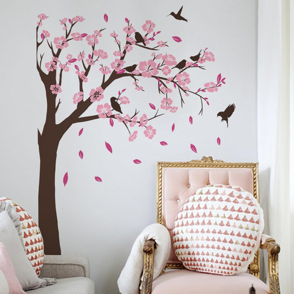 Pink Flower Tree Wall Stickers, Removable DIY Romantic Peach Blossom Tree Wall Murals Peel and Stick 3D Wall Art Stickers Murals Home Decor for Gilrs Bedroom Nursery Rooms Living Room