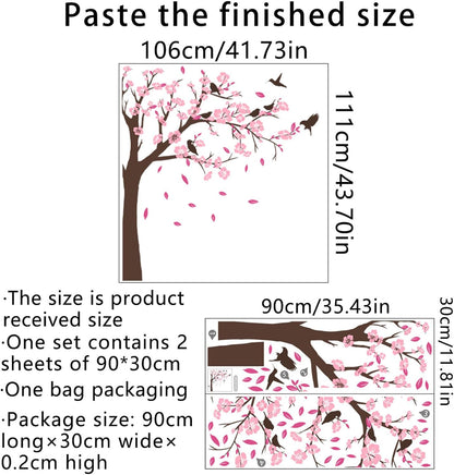 Pink Flower Tree Wall Stickers, Removable DIY Romantic Peach Blossom Tree Wall Murals Peel and Stick 3D Wall Art Stickers Murals Home Decor for Gilrs Bedroom Nursery Rooms Living Room