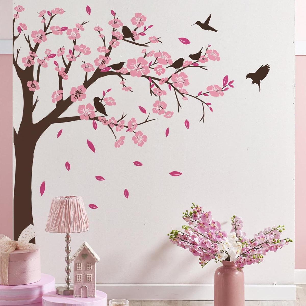 Pink Flower Tree Wall Stickers, Removable DIY Romantic Peach Blossom Tree Wall Murals Peel and Stick 3D Wall Art Stickers Murals Home Decor for Gilrs Bedroom Nursery Rooms Living Room