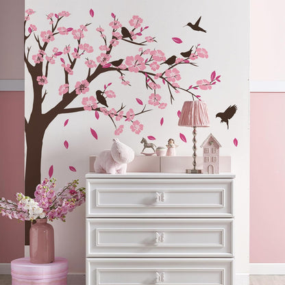 Pink Flower Tree Wall Stickers, Removable DIY Romantic Peach Blossom Tree Wall Murals Peel and Stick 3D Wall Art Stickers Murals Home Decor for Gilrs Bedroom Nursery Rooms Living Room
