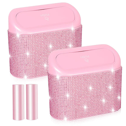 Bling Pink Car Trash Can with Lid - 2 Pack, Mini Auto Garbage Can with 60 Trash Bags, Automotive Garbage Container Bin, Bling Car Accessories Trash Can for Women (Pink Diamond)