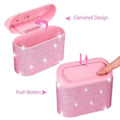 Bling Pink Car Trash Can with Lid - 2 Pack, Mini Auto Garbage Can with 60 Trash Bags, Automotive Garbage Container Bin, Bling Car Accessories Trash Can for Women (Pink Diamond)