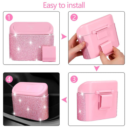 Bling Pink Car Trash Can with Lid - 2 Pack, Mini Auto Garbage Can with 60 Trash Bags, Automotive Garbage Container Bin, Bling Car Accessories Trash Can for Women (Pink Diamond)