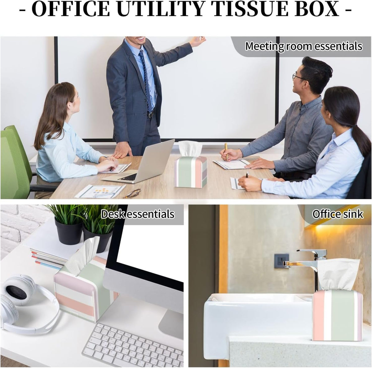 Pretty Pastel Pattern Pink Green Violet Stripes Square Tissue Box Cover, Cube Tissue Box Holder, Table Tissue Box
