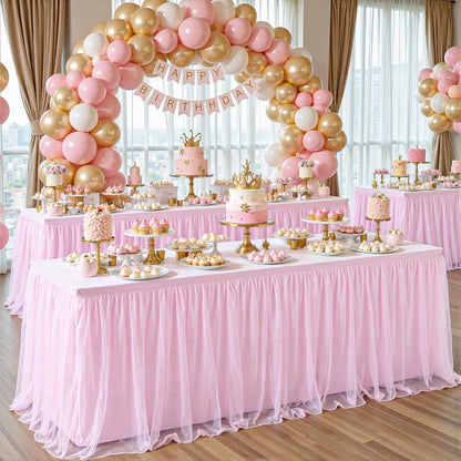 Pink Tablecloths for 6 Foot Rectangle Tables Tulle Tablecloth Fitted Pink Table Cloth Rectangle 6ft Stretch Spandex Table Covers for Baby Shower Girls Birthday Party Wedding Banquet Desk Skirt