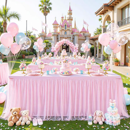 Pink Tablecloths for 6 Foot Rectangle Tables Tulle Tablecloth Fitted Pink Table Cloth Rectangle 6ft Stretch Spandex Table Covers for Baby Shower Girls Birthday Party Wedding Banquet Desk Skirt