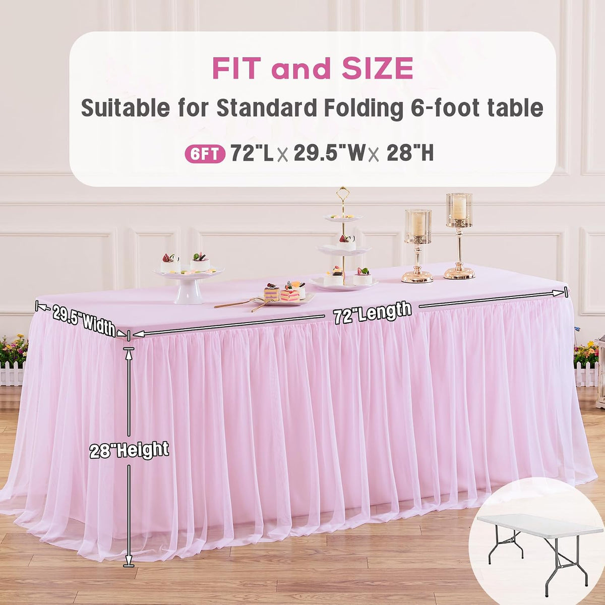Pink Tablecloths for 6 Foot Rectangle Tables Tulle Tablecloth Fitted Pink Table Cloth Rectangle 6ft Stretch Spandex Table Covers for Baby Shower Girls Birthday Party Wedding Banquet Desk Skirt