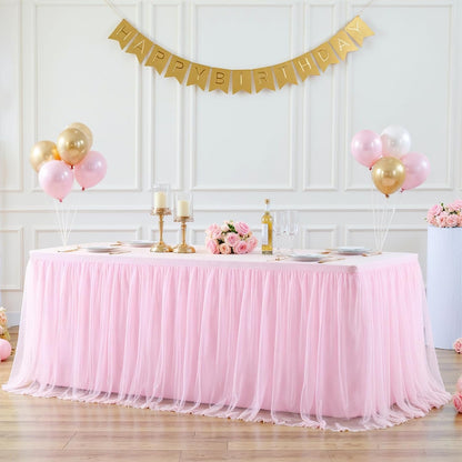Pink Tablecloths for 6 Foot Rectangle Tables Tulle Tablecloth Fitted Pink Table Cloth Rectangle 6ft Stretch Spandex Table Covers for Baby Shower Girls Birthday Party Wedding Banquet Desk Skirt
