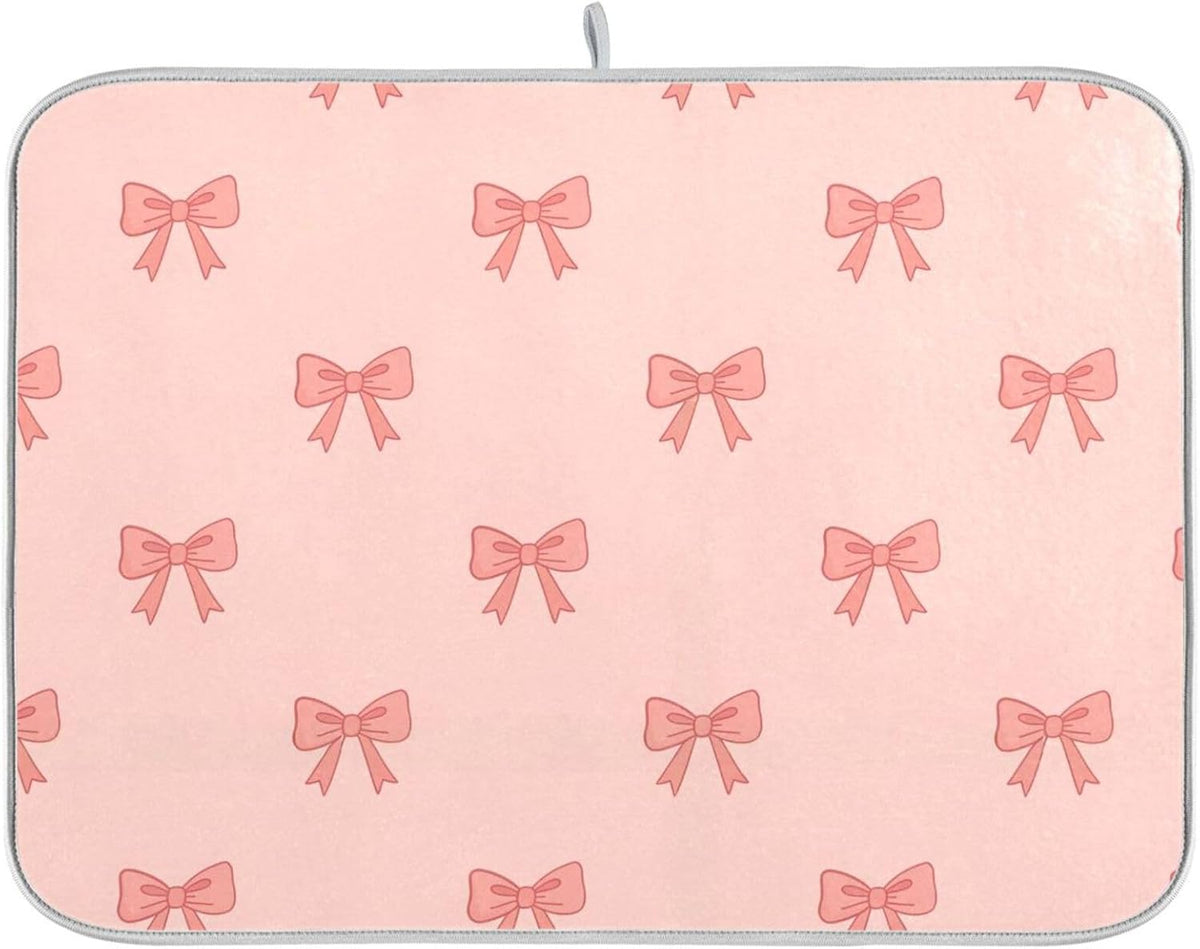 Bow Light Pink Dish Drying Mat for Kitchen Counter with Absorbent Quick Dry Slip Resistant Dish Drying Pad for Sink Coffee Bar Draining Racks, 16 x 18 Inches