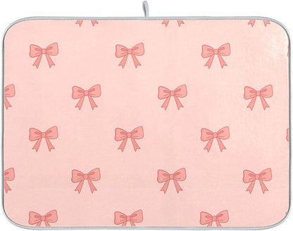 Bow Light Pink Dish Drying Mat for Kitchen Counter with Absorbent Quick Dry Slip Resistant Dish Drying Pad for Sink Coffee Bar Draining Racks, 16 x 18 Inches