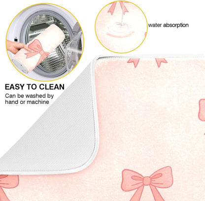 Bow Light Pink Dish Drying Mat for Kitchen Counter with Absorbent Quick Dry Slip Resistant Dish Drying Pad for Sink Coffee Bar Draining Racks, 16 x 18 Inches