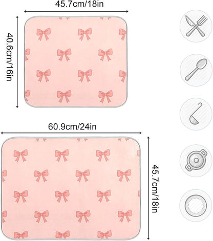 Bow Light Pink Dish Drying Mat for Kitchen Counter with Absorbent Quick Dry Slip Resistant Dish Drying Pad for Sink Coffee Bar Draining Racks, 16 x 18 Inches