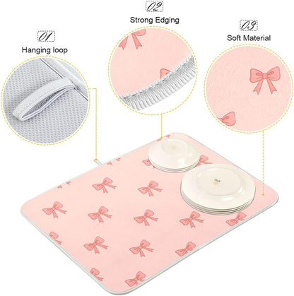 Bow Light Pink Dish Drying Mat for Kitchen Counter with Absorbent Quick Dry Slip Resistant Dish Drying Pad for Sink Coffee Bar Draining Racks, 16 x 18 Inches