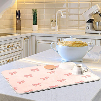 Bow Light Pink Dish Drying Mat for Kitchen Counter with Absorbent Quick Dry Slip Resistant Dish Drying Pad for Sink Coffee Bar Draining Racks, 16 x 18 Inches