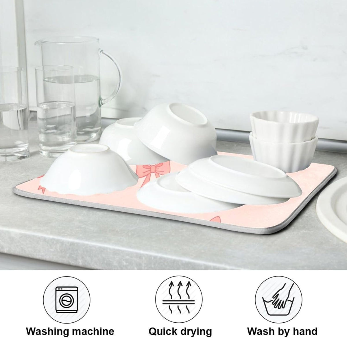 Bow Light Pink Dish Drying Mat for Kitchen Counter with Absorbent Quick Dry Slip Resistant Dish Drying Pad for Sink Coffee Bar Draining Racks, 16 x 18 Inches