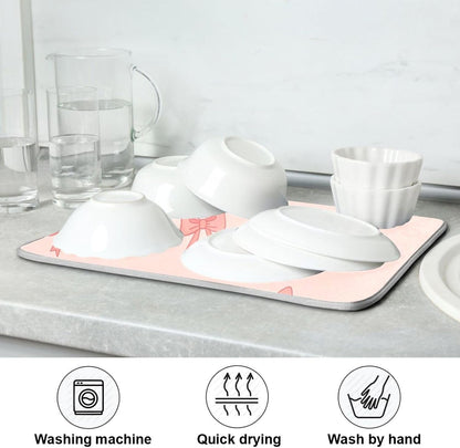Bow Light Pink Dish Drying Mat for Kitchen Counter with Absorbent Quick Dry Slip Resistant Dish Drying Pad for Sink Coffee Bar Draining Racks, 16 x 18 Inches