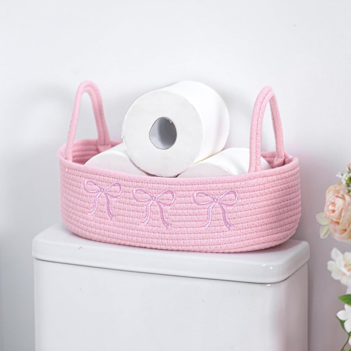Pink Bow Woven Storage Basket Pink Bow Bathroom Decor