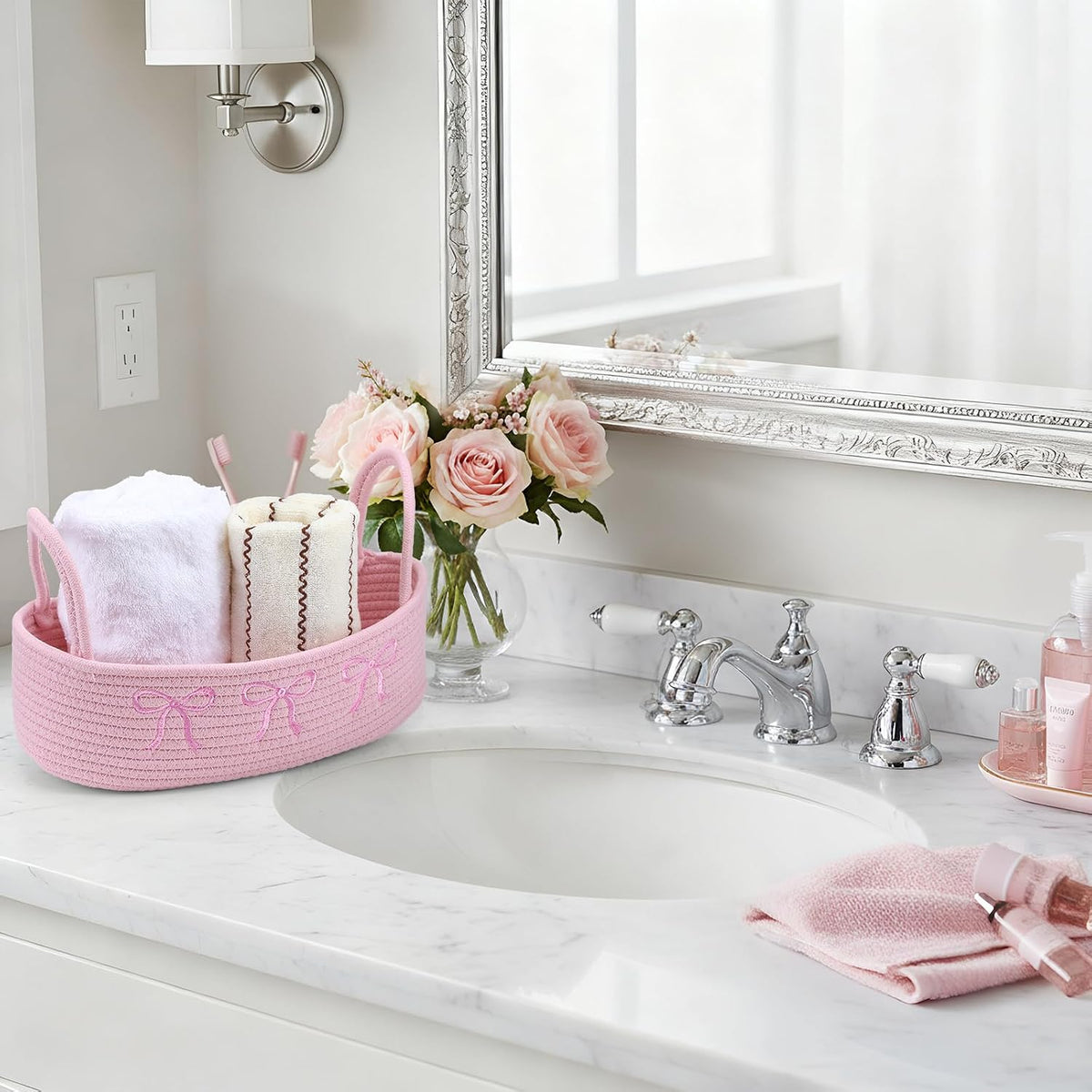 Pink Bow Woven Storage Basket Pink Bow Bathroom Decor