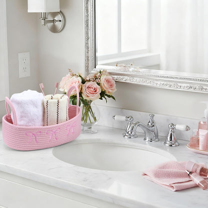 Pink Bow Woven Storage Basket Pink Bow Bathroom Decor