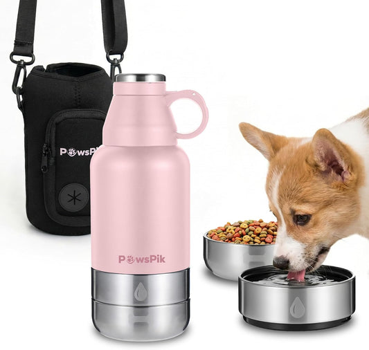 32oz 3-in-1 Travel Dog Water Bottle & Bowl Set – Stainless Steel Vacuum-Insulated Bottle with Detachable Food & Water Bowls, Leak-Proof, Keeps Water Cold 12hrs/Hot 6hrs (Cherry Blossom Pink)
