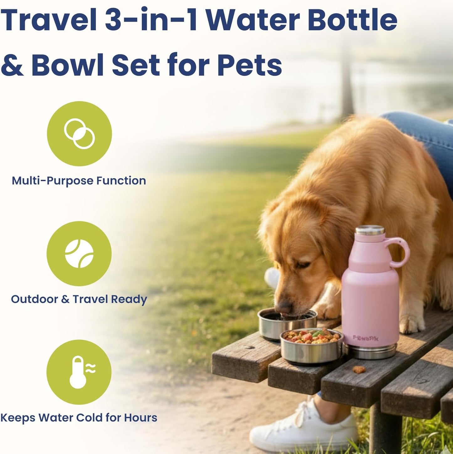 32oz 3-in-1 Travel Dog Water Bottle & Bowl Set – Stainless Steel Vacuum-Insulated Bottle with Detachable Food & Water Bowls, Leak-Proof, Keeps Water Cold 12hrs/Hot 6hrs (Cherry Blossom Pink)