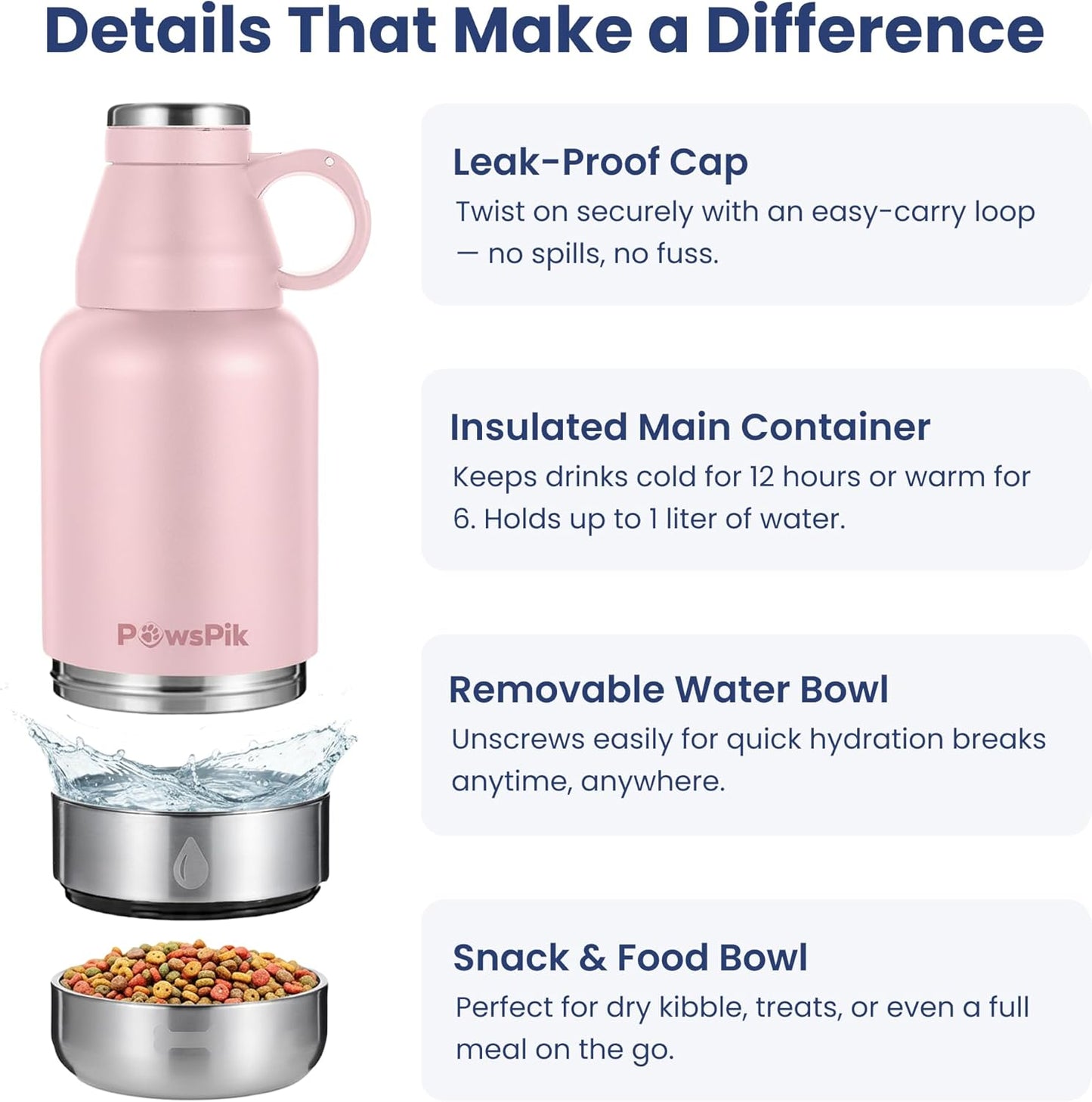 32oz 3-in-1 Travel Dog Water Bottle & Bowl Set – Stainless Steel Vacuum-Insulated Bottle with Detachable Food & Water Bowls, Leak-Proof, Keeps Water Cold 12hrs/Hot 6hrs (Cherry Blossom Pink)