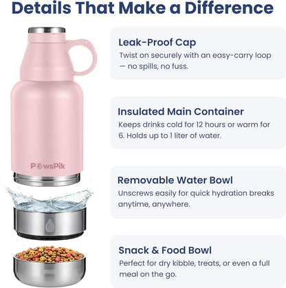 32oz 3-in-1 Travel Dog Water Bottle & Bowl Set – Stainless Steel Vacuum-Insulated Bottle with Detachable Food & Water Bowls, Leak-Proof, Keeps Water Cold 12hrs/Hot 6hrs (Cherry Blossom Pink)