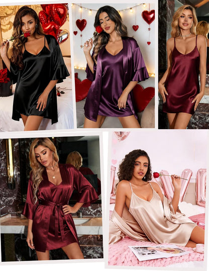 Women Silk Robe Set V Neck 2 Piece Bridal Robe Satin Bathrobe Set