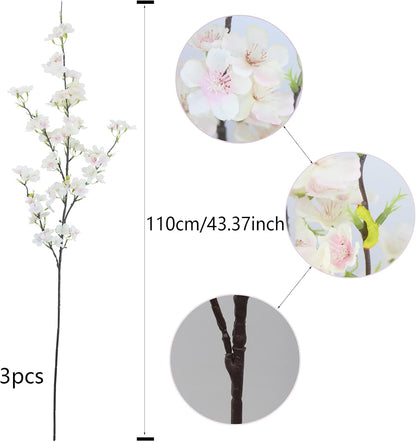 3 Pcs Artificial Cherry Blossom Flower Pink Silk Peach Flowers Bulk Plum Blossom Flowers with Leaves Cherry Blossom Branches Vase Arrangements for Spring Wedding Indoor Outdoor DIY Party Decor
