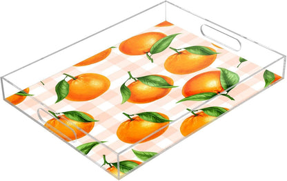 Oranges Gingham Peach Serving Tray with Handles, 12x16 Inch Decorative Acrylic Tray Organizer, Multi-Purpose Sturdy Serving Platter for Coffee Table, Kitchen, Vanity, Nightstand