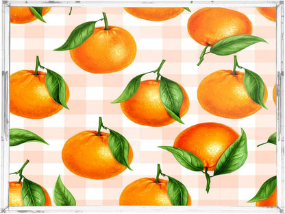 Oranges Gingham Peach Serving Tray with Handles, 12x16 Inch Decorative Acrylic Tray Organizer, Multi-Purpose Sturdy Serving Platter for Coffee Table, Kitchen, Vanity, Nightstand