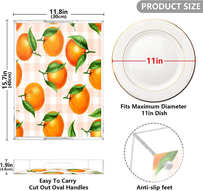 Oranges Gingham Peach Serving Tray with Handles, 12x16 Inch Decorative Acrylic Tray Organizer, Multi-Purpose Sturdy Serving Platter for Coffee Table, Kitchen, Vanity, Nightstand