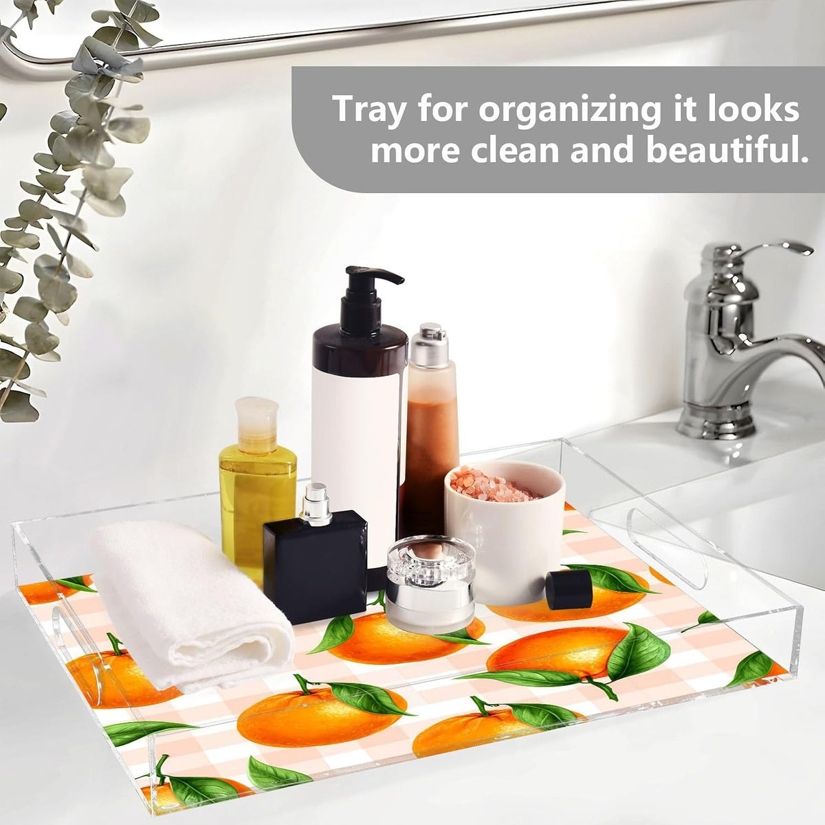 Oranges Gingham Peach Serving Tray with Handles, 12x16 Inch Decorative Acrylic Tray Organizer, Multi-Purpose Sturdy Serving Platter for Coffee Table, Kitchen, Vanity, Nightstand